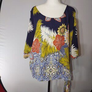 Melissa Paige Floral Print Asymmetrical Hem -Cold Shoulder-Blouse XL